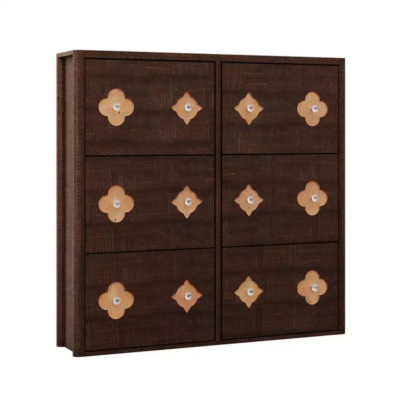 Wooden Shoe Cabinet with 6 Flip Drawers Adjustable Shelves Flower Pattern Diamond Handle Freestanding Slim Storage Organizer for Entryway