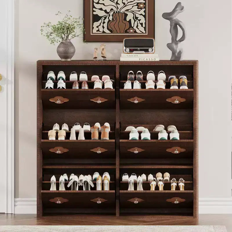 Wooden Shoe Cabinet with 6 Flip Drawers Adjustable Shelves Flower Pattern Diamond Handle Freestanding Slim Storage Organizer for Entryway