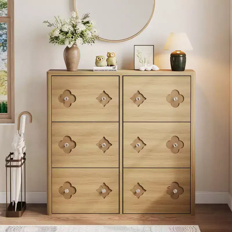 Wooden Shoe Cabinet with 6 Flip Drawers Adjustable Shelves Flower Pattern Diamond Handle Freestanding Slim Storage Organizer for Entryway