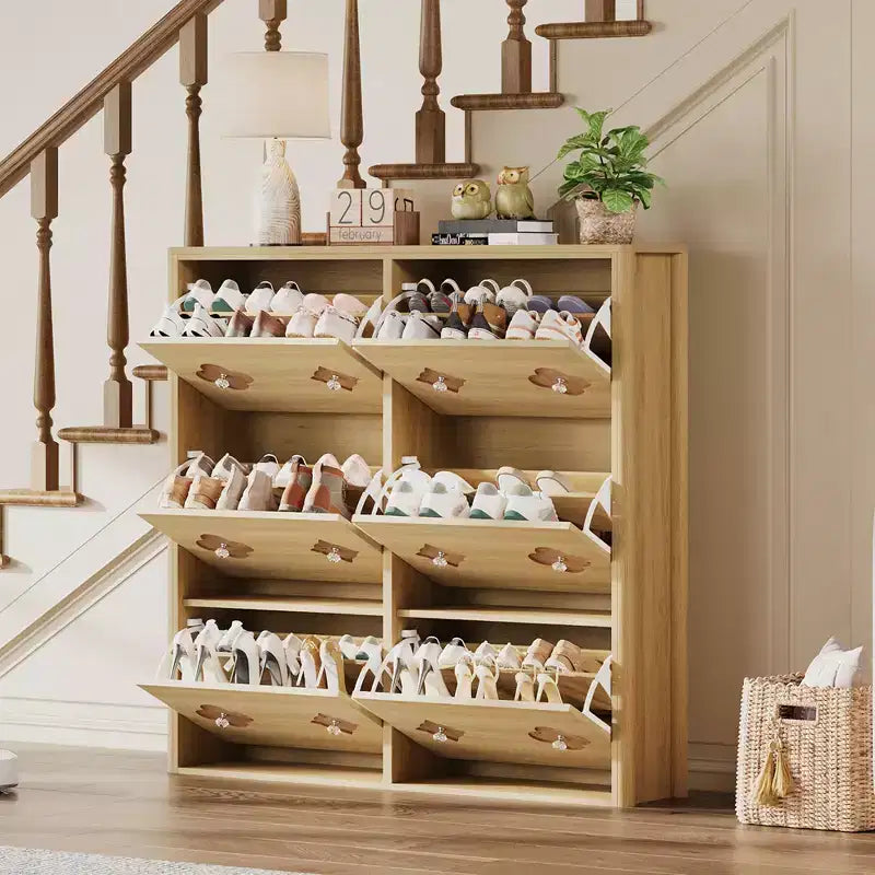 Wooden Shoe Cabinet with 6 Flip Drawers Adjustable Shelves Flower Pattern Diamond Handle Freestanding Slim Storage Organizer for Entryway
