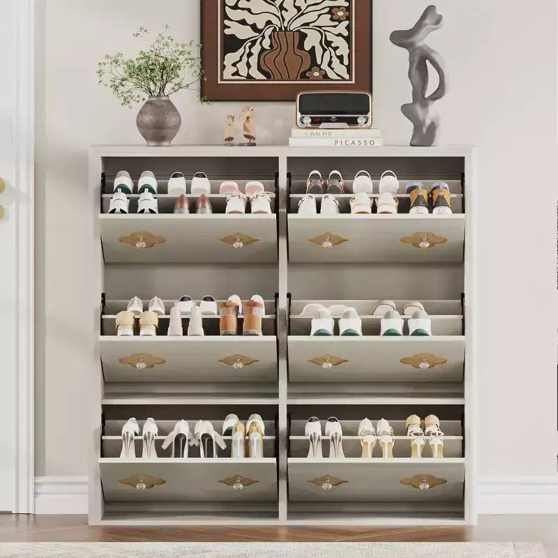 Wooden Shoe Cabinet with 6 Flip Drawers Adjustable Shelves Flower Pattern Diamond Handle Freestanding Slim Storage Organizer for Entryway