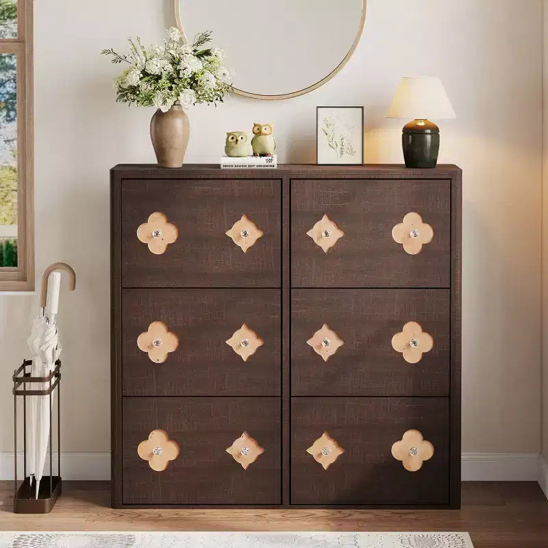 Meuble à chaussures en bois avec 6 tiroirs basculants, étagères réglables, motif floral, poignée en diamant, organisateur de rangement autoportant et mince pour entrée