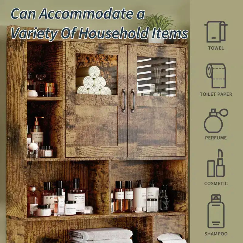 Modern Over Toilet Storage Cabinet, Glass Door & Sliding Barn Doors, Adjustable Shelf, for Laundry Room, Bathroom