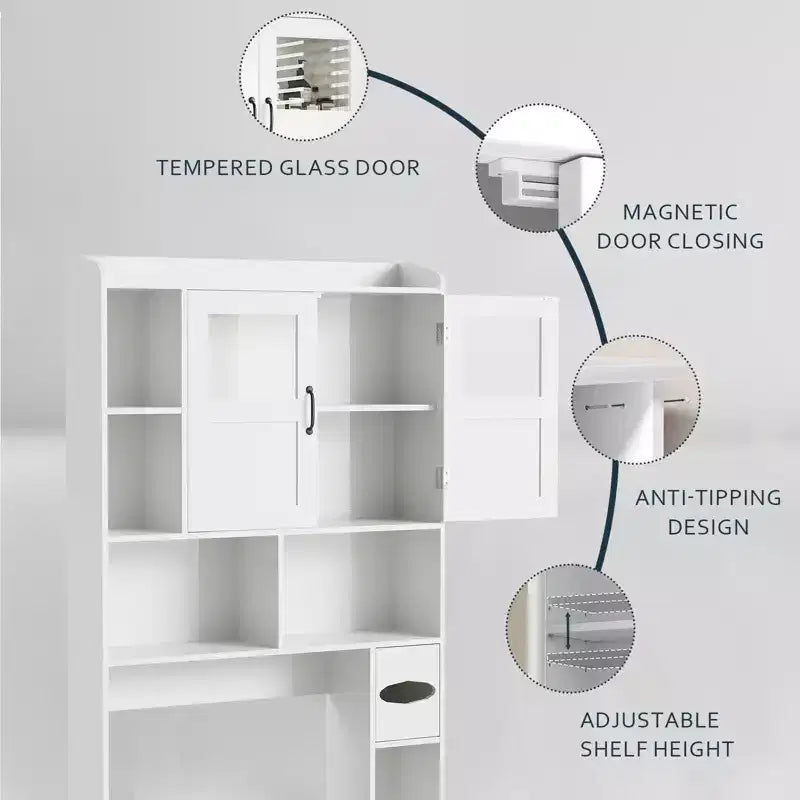 Modern Over Toilet Storage Cabinet, Glass Door & Sliding Barn Doors, Adjustable Shelf, for Laundry Room, Bathroom