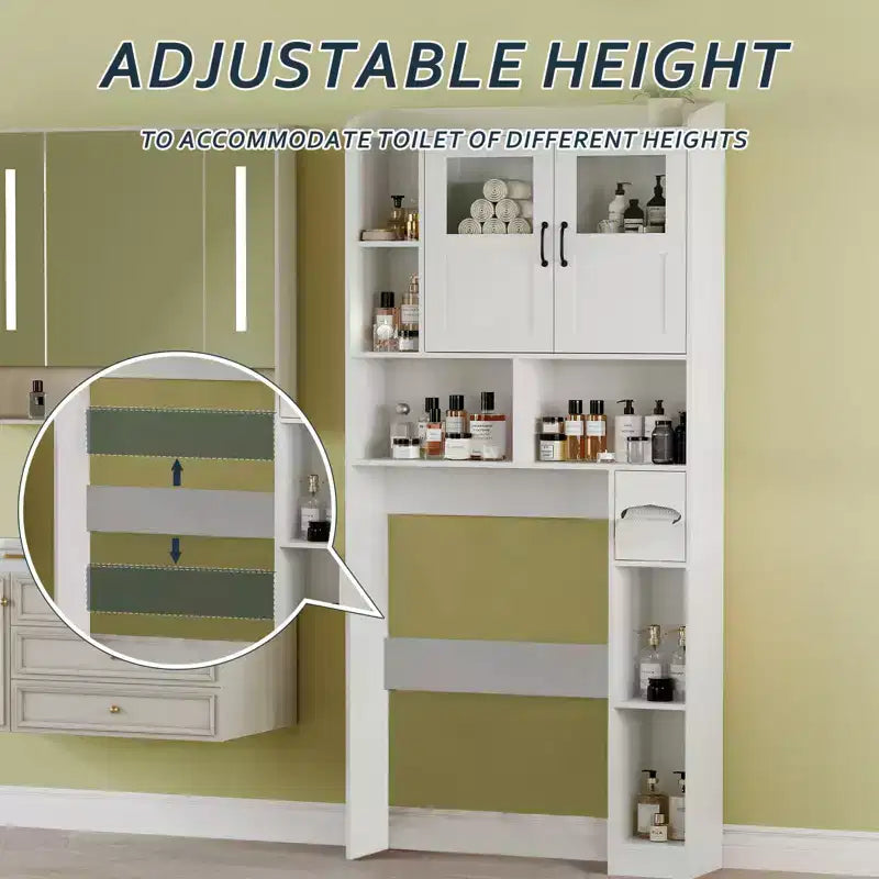 Modern Over Toilet Storage Cabinet, Glass Door & Sliding Barn Doors, Adjustable Shelf, for Laundry Room, Bathroom