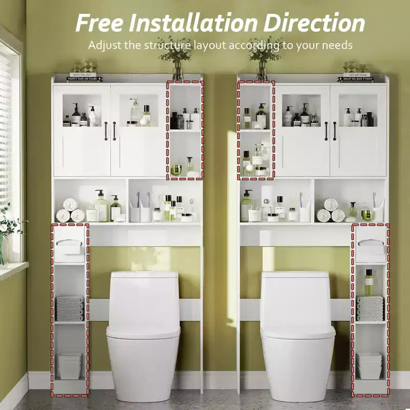 Modern Over Toilet Storage Cabinet, Glass Door & Sliding Barn Doors, Adjustable Shelf, for Laundry Room, Bathroom