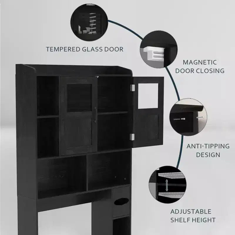 Modern Over Toilet Storage Cabinet, Glass Door & Sliding Barn Doors, Adjustable Shelf, for Laundry Room, Bathroom