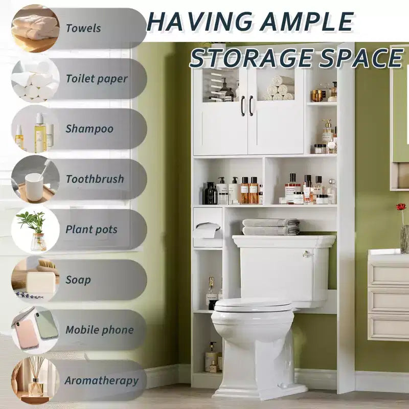 Modern Over Toilet Storage Cabinet, Glass Door & Sliding Barn Doors, Adjustable Shelf, for Laundry Room, Bathroom