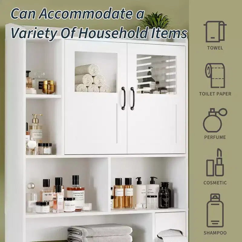 Modern Over Toilet Storage Cabinet, Glass Door & Sliding Barn Doors, Adjustable Shelf, for Laundry Room, Bathroom