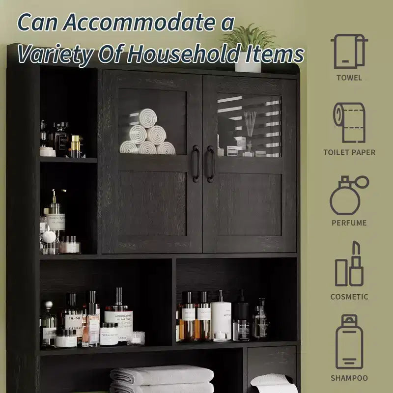 Modern Over Toilet Storage Cabinet, Glass Door & Sliding Barn Doors, Adjustable Shelf, for Laundry Room, Bathroom