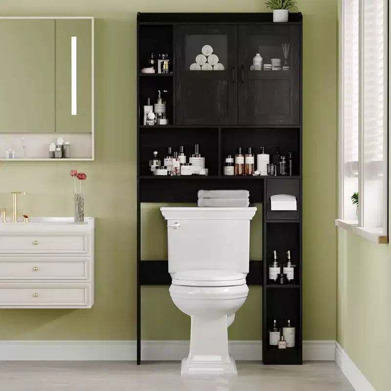 Modern Over Toilet Storage Cabinet, Glass Door & Sliding Barn Doors, Adjustable Shelf, for Laundry Room, Bathroom