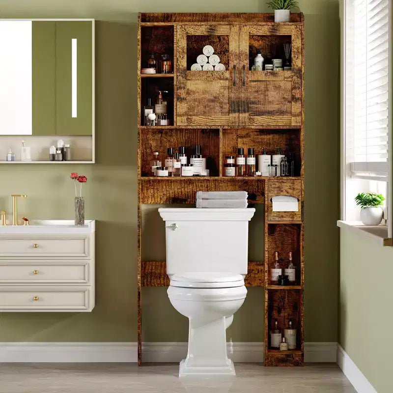Meuble de rangement WC moderne, porte en verre et portes coulissantes style grange, étagère réglable, pour buanderie, salle de bain