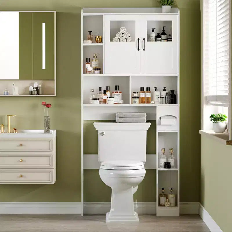 Meuble de rangement WC moderne, porte en verre et portes coulissantes style grange, étagère réglable, pour buanderie, salle de bain