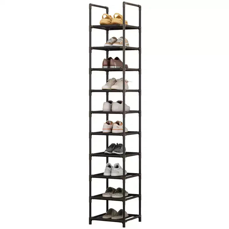 Tall 10-Tier Metal Shoe Rack Organizer Space-Saving Corner Storage Stand Removable Fabric Shelves Sturdy Frame for Closet Entryway Living Room