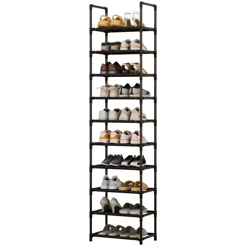 Tall 10-Tier Metal Shoe Rack Organizer Space-Saving Corner Storage Stand Removable Fabric Shelves Sturdy Frame for Closet Entryway Living Room