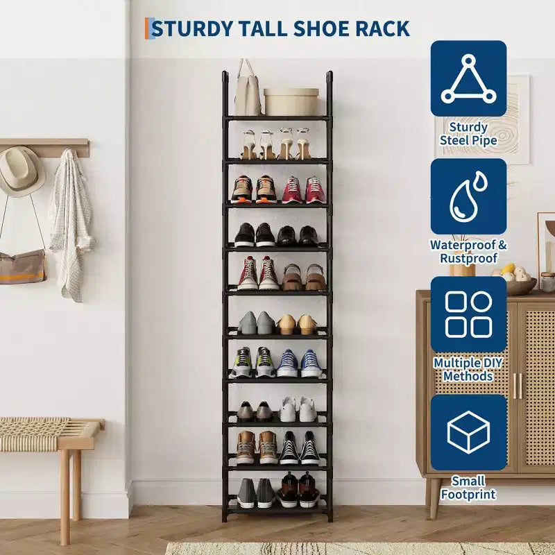 Tall 10-Tier Metal Shoe Rack Organizer Space-Saving Corner Storage Stand Removable Fabric Shelves Sturdy Frame for Closet Entryway Living Room