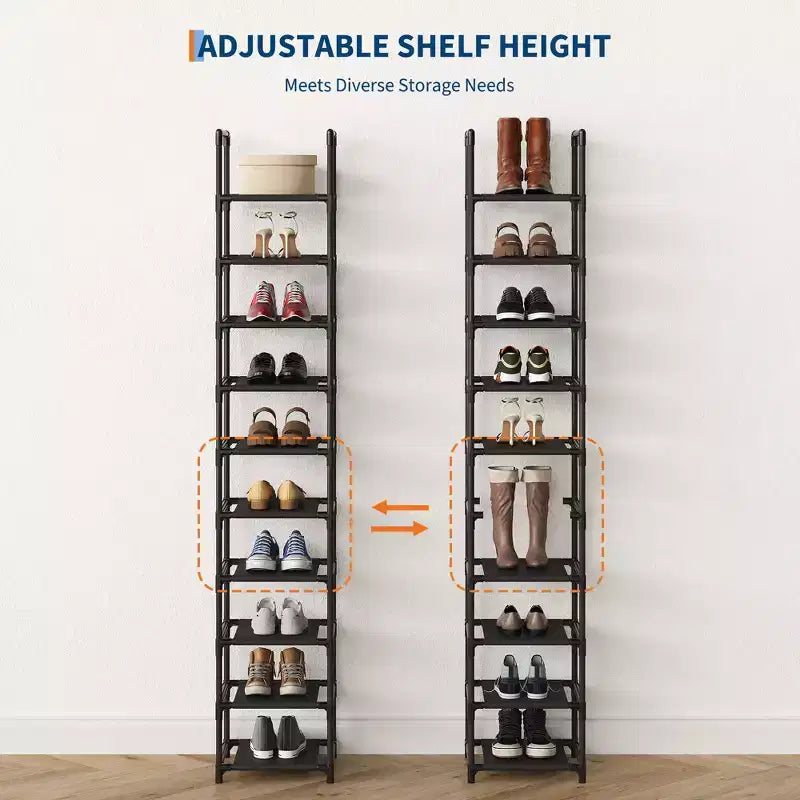 Tall 10-Tier Metal Shoe Rack Organizer Space-Saving Corner Storage Stand Removable Fabric Shelves Sturdy Frame for Closet Entryway Living Room