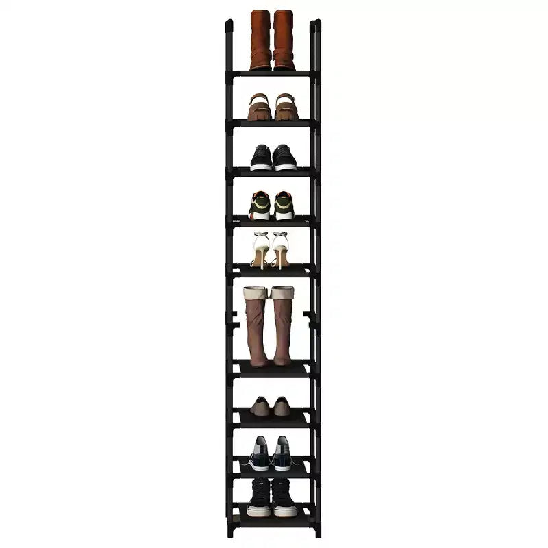 Tall 10-Tier Metal Shoe Rack Organizer Space-Saving Corner Storage Stand Removable Fabric Shelves Sturdy Frame for Closet Entryway Living Room