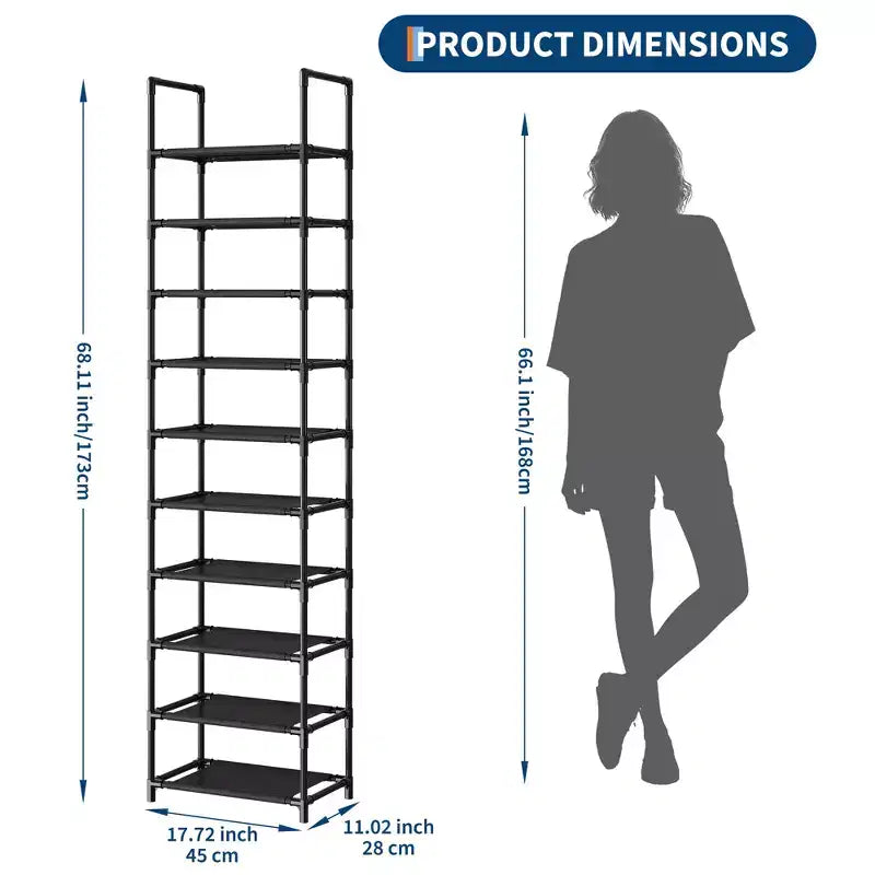 Tall 10-Tier Metal Shoe Rack Organizer Space-Saving Corner Storage Stand Removable Fabric Shelves Sturdy Frame for Closet Entryway Living Room