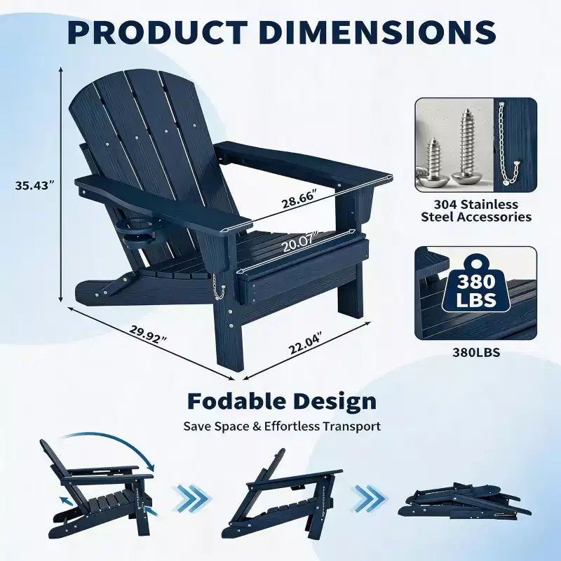 Folding Adirondack Chair with 2-Tier Storage Patio Side Table, Wooden Textured Resistant for Outdoor Patio Seating for Deck, Garden, Lawn, Fire Pit