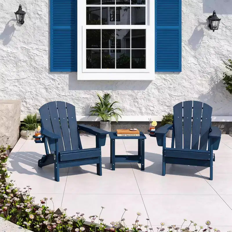 Folding Adirondack Chair with 2-Tier Storage Patio Side Table, Wooden Textured Resistant for Outdoor Patio Seating for Deck, Garden, Lawn, Fire Pit
