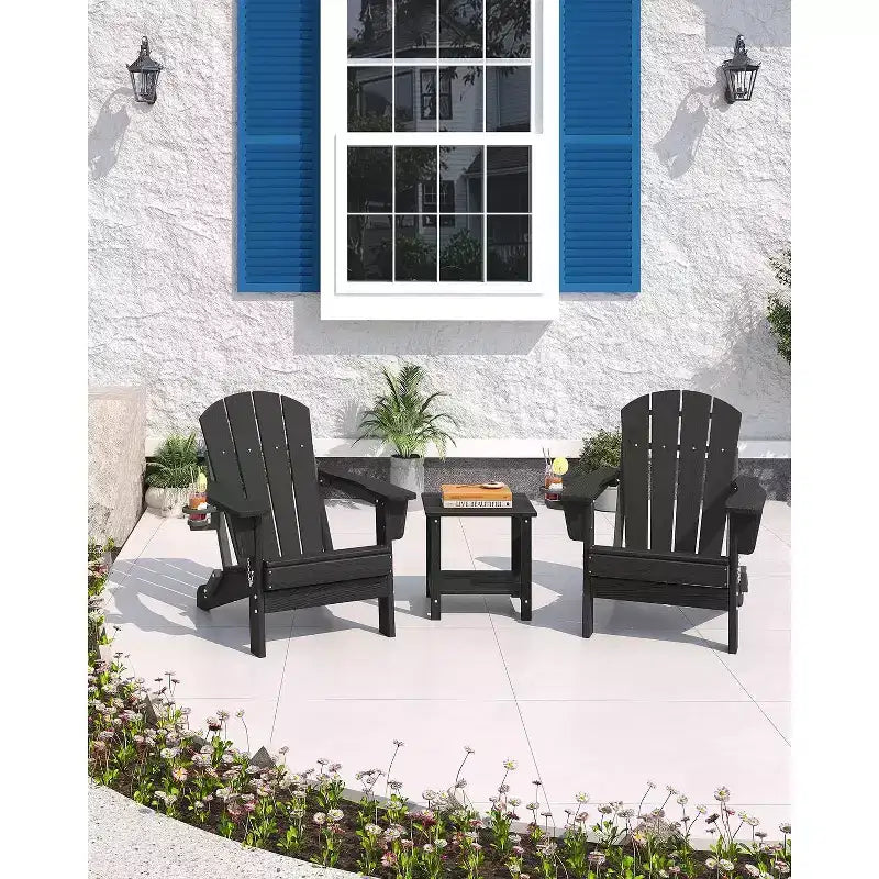 Folding Adirondack Chair with 2-Tier Storage Patio Side Table, Wooden Textured Resistant for Outdoor Patio Seating for Deck, Garden, Lawn, Fire Pit