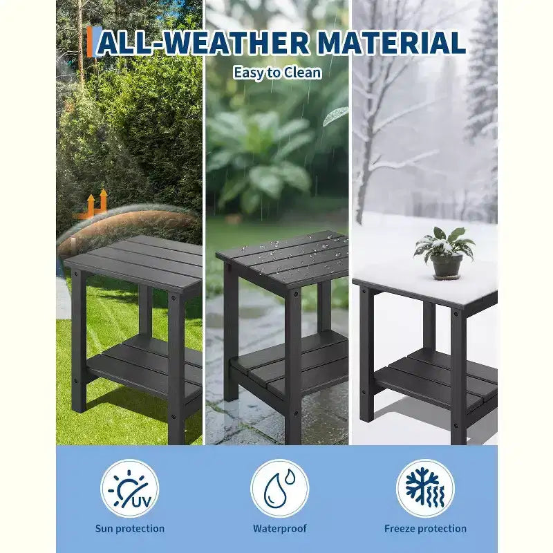 Folding Adirondack Chair with 2-Tier Storage Patio Side Table, Wooden Textured Resistant for Outdoor Patio Seating for Deck, Garden, Lawn, Fire Pit