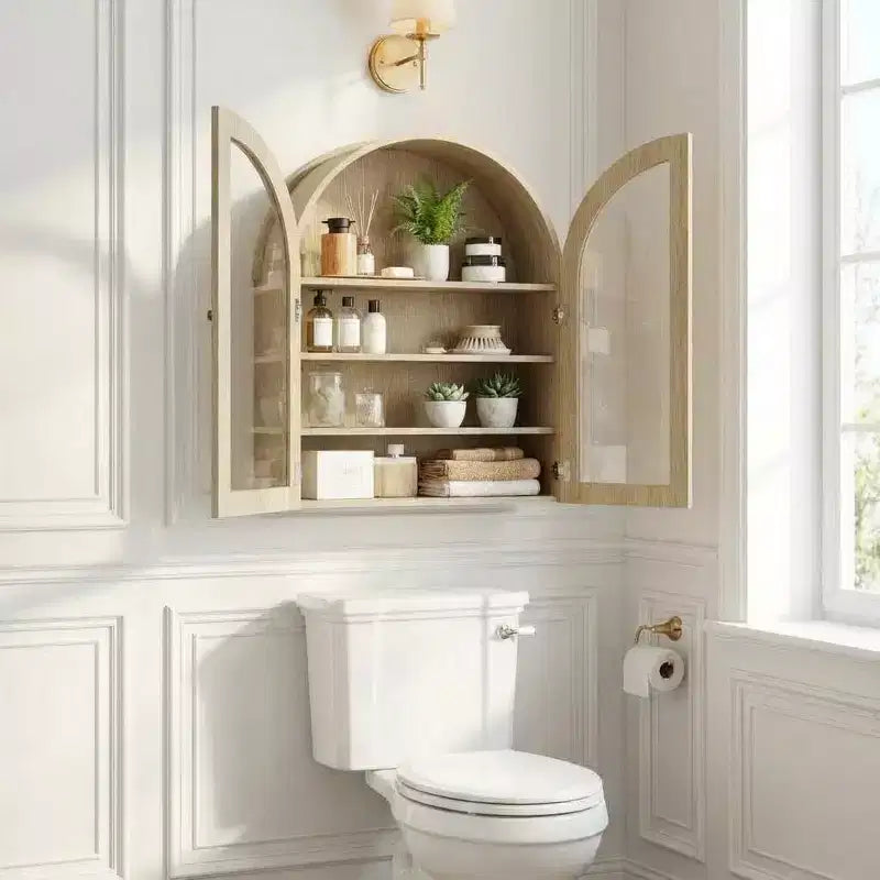 Arched Wall Mounted Bathroom Cabinet with Glass Doors, Rustic Wood Medicine Cabinet with Adjustable Shelves, Over Toilet Storage Cabinet for Bathroom
