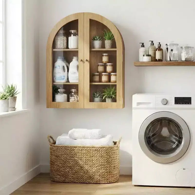 Arched Wall Mounted Bathroom Cabinet with Glass Doors, Rustic Wood Medicine Cabinet with Adjustable Shelves, Over Toilet Storage Cabinet for Bathroom