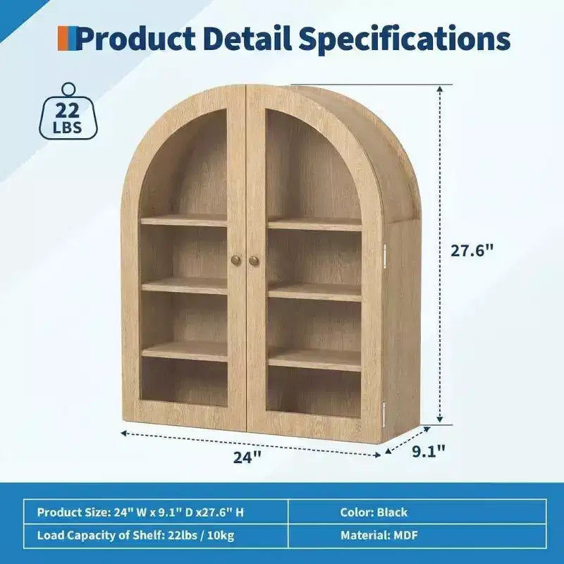 Arched Wall Mounted Bathroom Cabinet with Glass Doors, Rustic Wood Medicine Cabinet with Adjustable Shelves, Over Toilet Storage Cabinet for Bathroom