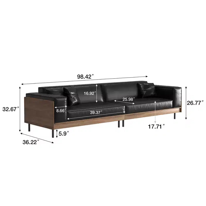 Luck Live 98.42 Contemporary Leather Sofa Couch with Solid Wood Frame, Metal Legs and 3 Accent Pillows