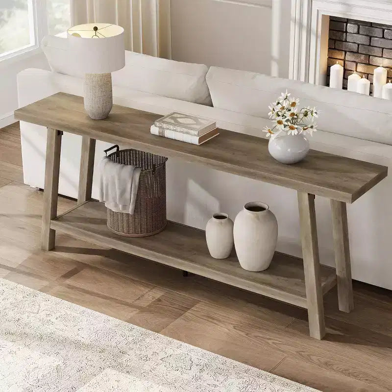 71 Extra Long Farmhouse Console Table, 2-Tier Rectangular Brown Entryway Sofa Table, Sturdy Wood Accent Furniture for Living Room & Hallway
