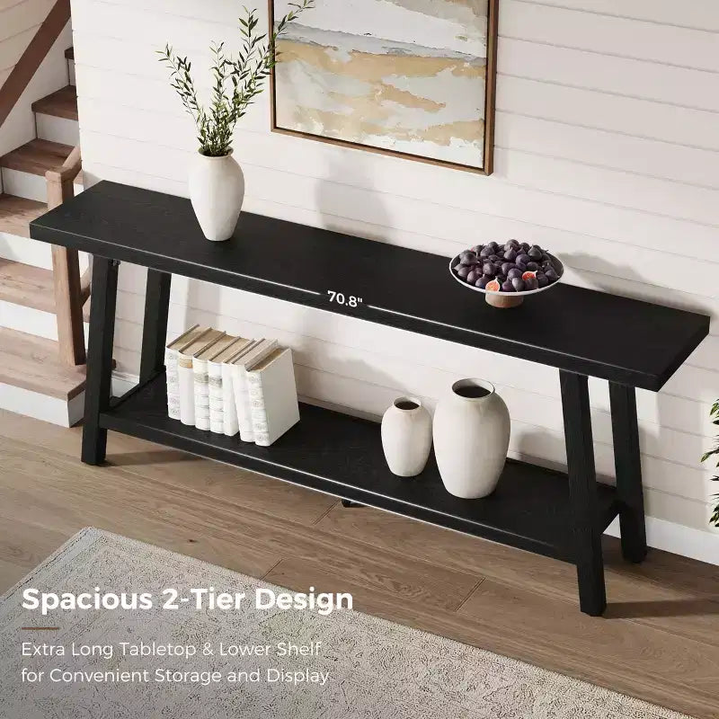 71 Extra Long Farmhouse Console Table, 2-Tier Rectangular Brown Entryway Sofa Table, Sturdy Wood Accent Furniture for Living Room & Hallway