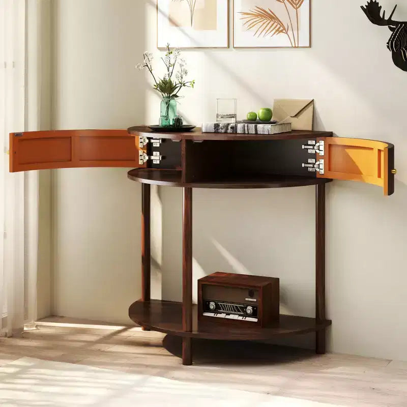 GDFStudio Kaveh Modern Wave-Pattern Half-Moon Wooden Console Table with 2 Drawers and Open Shelf