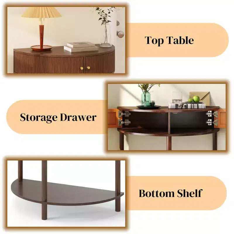 GDFStudio Kaveh Modern Wave-Pattern Half-Moon Wooden Console Table with 2 Drawers and Open Shelf