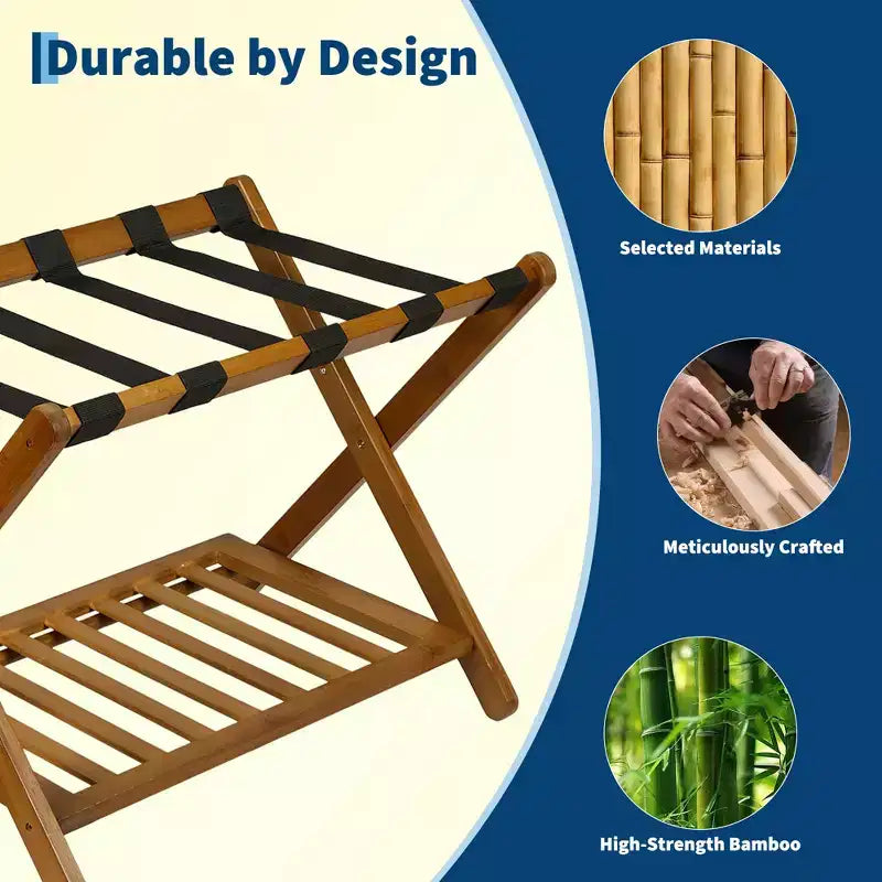 Folding Bamboo Luggage Rack with Storage Shelf 5 Durable Nylon Straps Holds 150 lbs Space-Saving Stand for Bedroom Guest Room Hotel