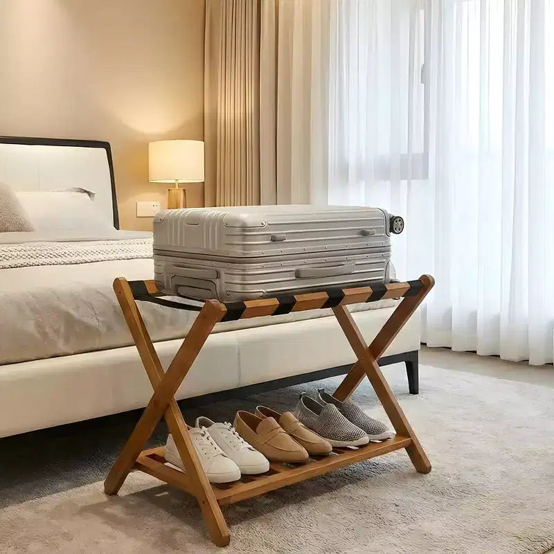 Folding Bamboo Luggage Rack with Storage Shelf 5 Durable Nylon Straps Holds 150 lbs Space-Saving Stand for Bedroom Guest Room Hotel