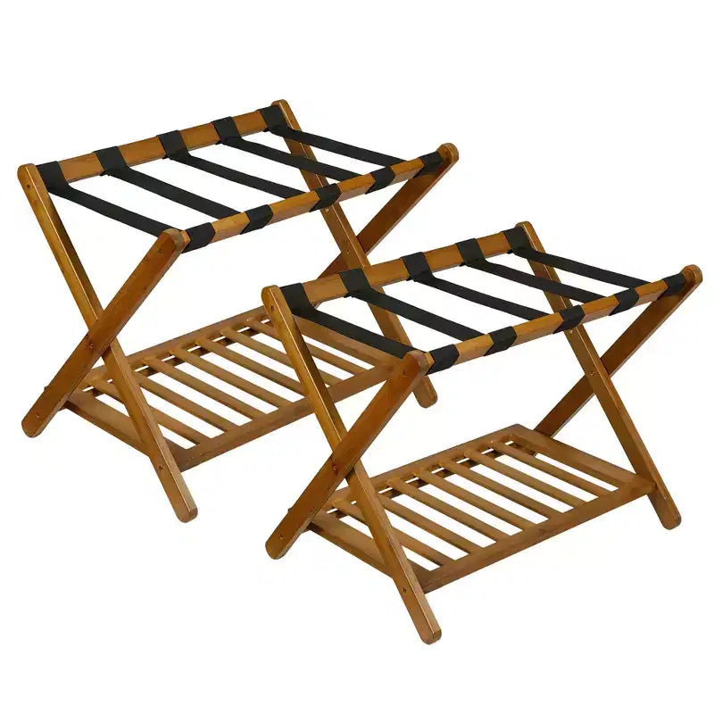 Folding Bamboo Luggage Rack with Storage Shelf 5 Durable Nylon Straps Holds 150 lbs Space-Saving Stand for Bedroom Guest Room Hotel