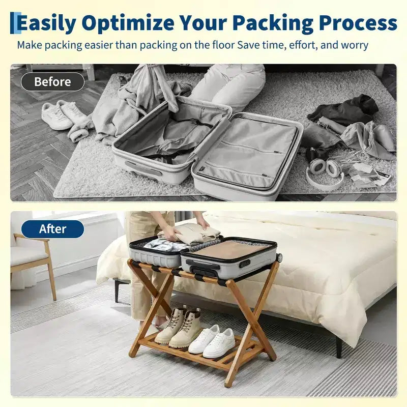 Folding Bamboo Luggage Rack with Storage Shelf 5 Durable Nylon Straps Holds 150 lbs Space-Saving Stand for Bedroom Guest Room Hotel