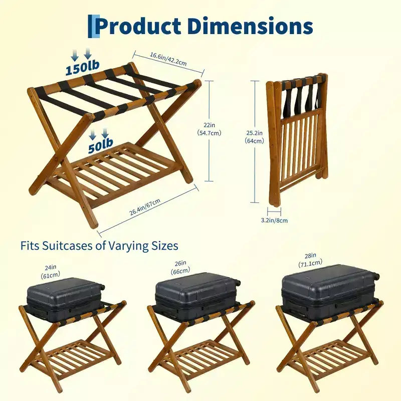 Folding Bamboo Luggage Rack with Storage Shelf 5 Durable Nylon Straps Holds 150 lbs Space-Saving Stand for Bedroom Guest Room Hotel