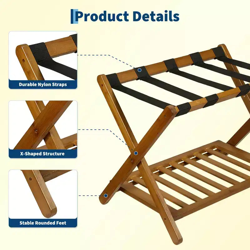 Folding Bamboo Luggage Rack with Storage Shelf 5 Durable Nylon Straps Holds 150 lbs Space-Saving Stand for Bedroom Guest Room Hotel