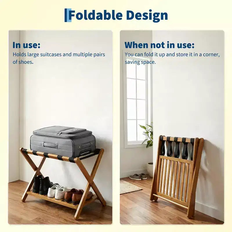 Folding Bamboo Luggage Rack with Storage Shelf 5 Durable Nylon Straps Holds 150 lbs Space-Saving Stand for Bedroom Guest Room Hotel