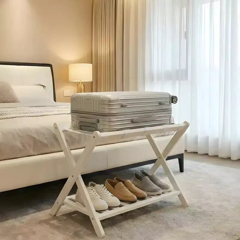 Folding Bamboo Luggage Rack with Storage Shelf 5 Durable Nylon Straps Holds 150 lbs Space-Saving Stand for Bedroom Guest Room Hotel