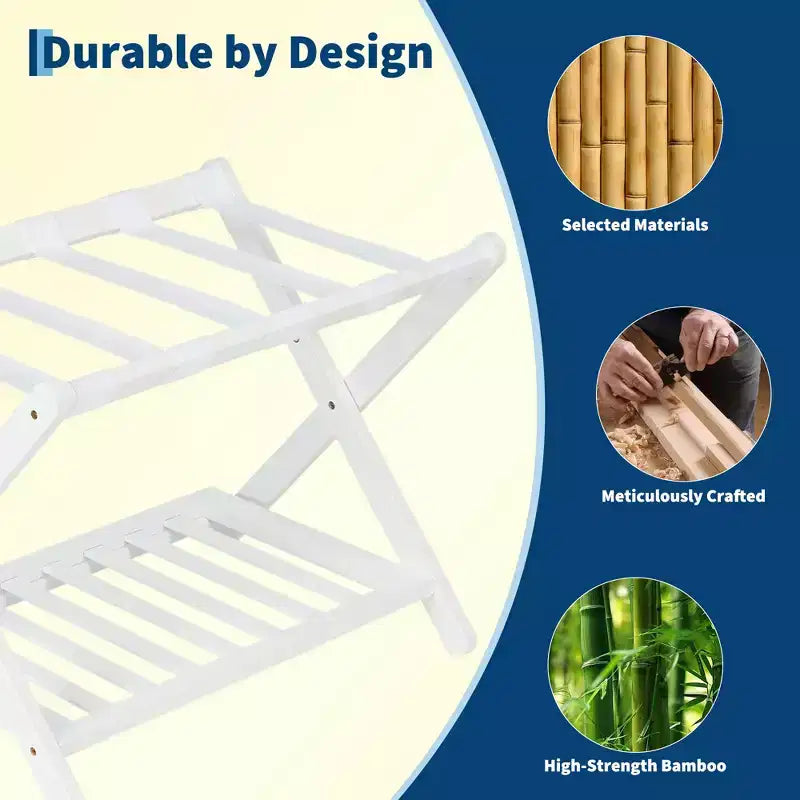 Folding Bamboo Luggage Rack with Storage Shelf 5 Durable Nylon Straps Holds 150 lbs Space-Saving Stand for Bedroom Guest Room Hotel