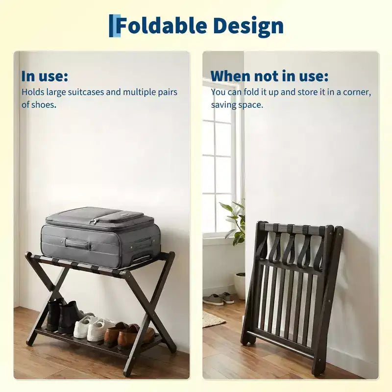 Folding Bamboo Luggage Rack with Storage Shelf 5 Durable Nylon Straps Holds 150 lbs Space-Saving Stand for Bedroom Guest Room Hotel
