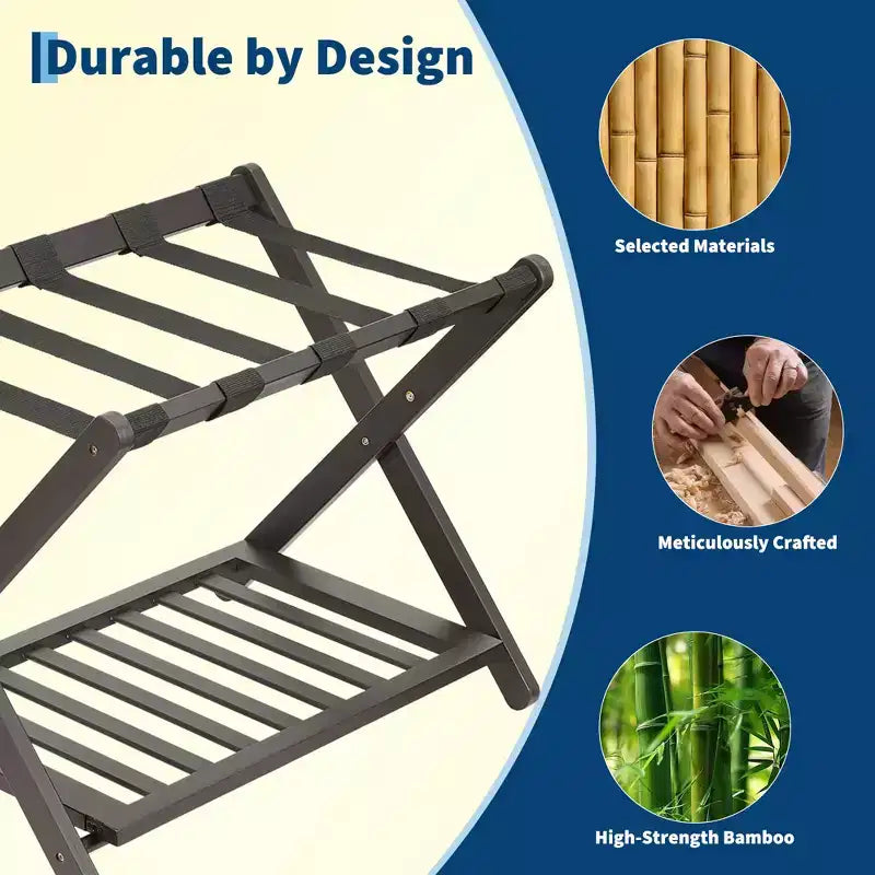 Folding Bamboo Luggage Rack with Storage Shelf 5 Durable Nylon Straps Holds 150 lbs Space-Saving Stand for Bedroom Guest Room Hotel