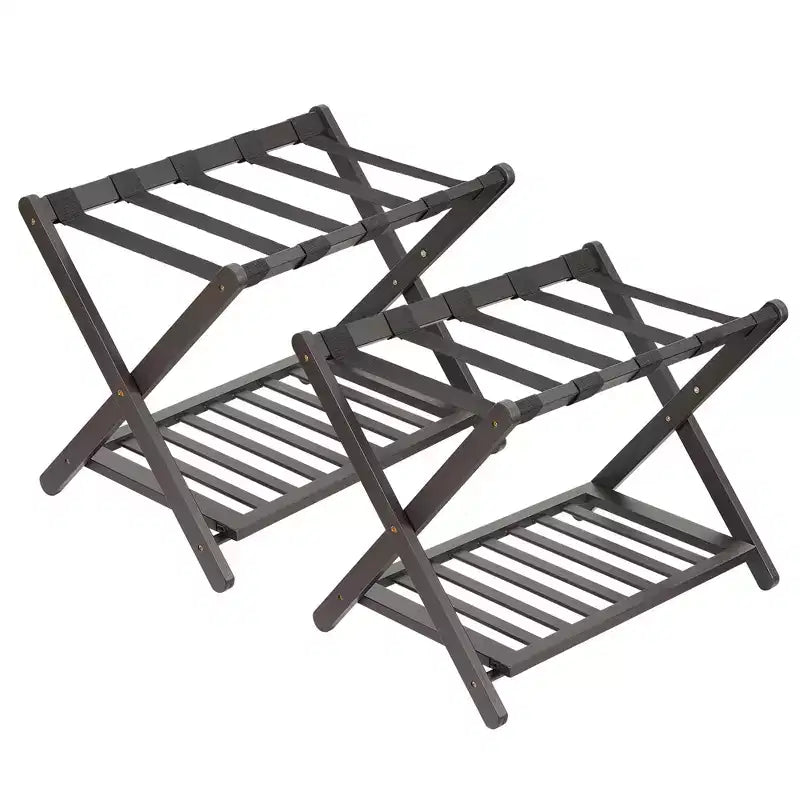 Folding Bamboo Luggage Rack with Storage Shelf 5 Durable Nylon Straps Holds 150 lbs Space-Saving Stand for Bedroom Guest Room Hotel
