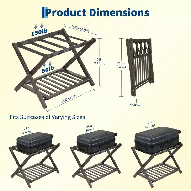 Folding Bamboo Luggage Rack with Storage Shelf 5 Durable Nylon Straps Holds 150 lbs Space-Saving Stand for Bedroom Guest Room Hotel