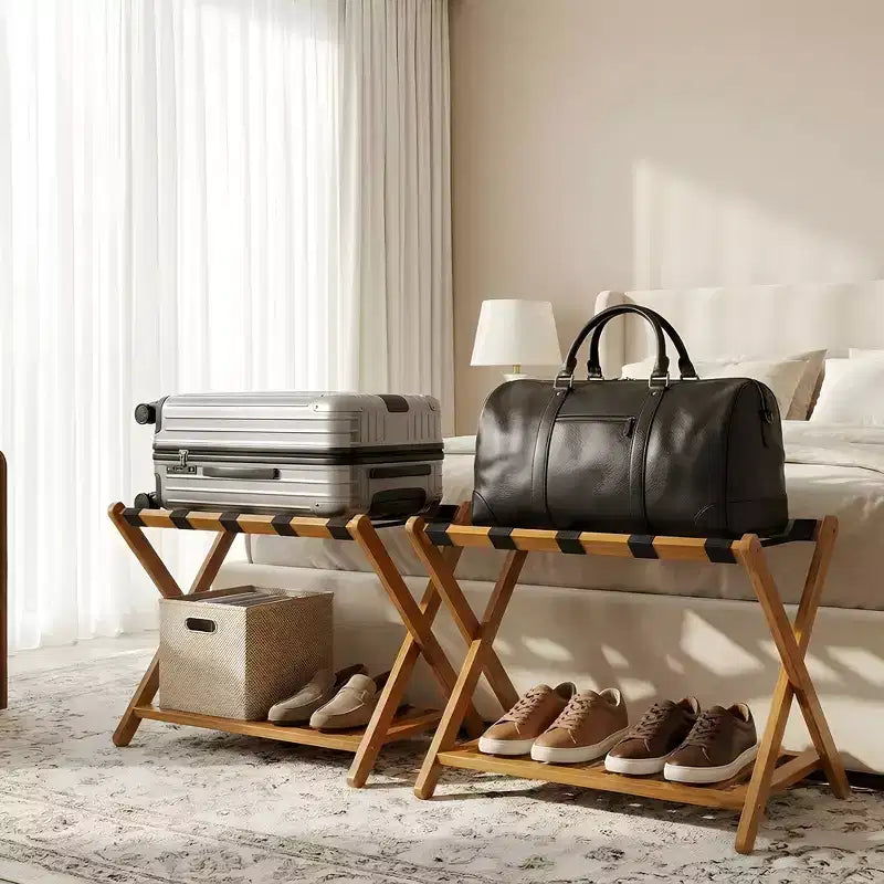 Porte-bagages pliant en bambou avec étagère de rangement 5 sangles en nylon durables Supporte 68 kg Support peu encombrant pour chambre à coucher, chambre d'amis, hôtel