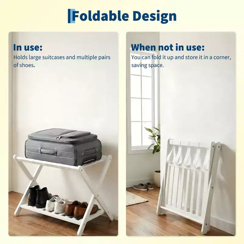 Porte-bagages pliant en bambou avec étagère de rangement 5 sangles en nylon durables Supporte 68 kg Support peu encombrant pour chambre à coucher, chambre d'amis, hôtel